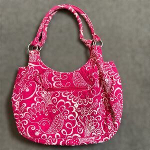 Vera Bradley Twirly Bird Hobo Shoulder Bag Pink White Quilted Cotton Purse Women